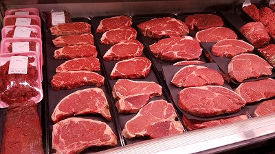 Fresh beef products in a showcase