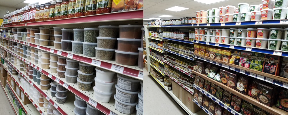 Shelves full of spices, coffees, rice and more