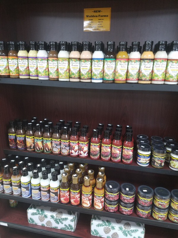 Walden Farms Display at Bessey's Meat Market including sauces, dressing, syrup, condiments and more